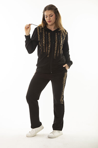 Şans Pantaloni de hanorac cu glugă cu glugă cu detaliu în piatră neagră de mărime mare pentru femei Costum dublu 65N37052