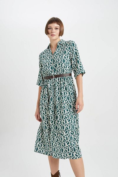 DeFacto Shirt Collar Printed Midi Long Sleeve Dress