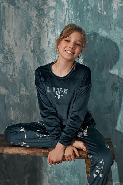 Pijamaevi Αποκλειστικό βελούδινο σετ πιτζάμες για κορίτσια Petrol Life Patterned