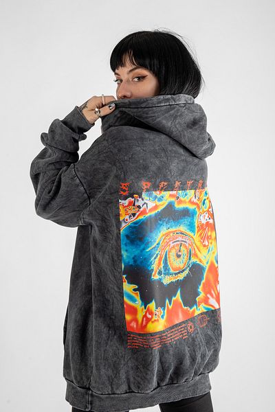 Bak Moda Washed Spectrum Back Printed Oversize Unisex Smoked Hoodie
