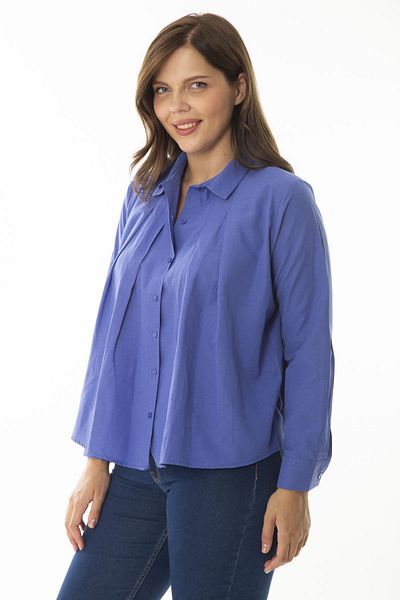 Şans Damen-Langarmhemd mit Knöpfen in Saks-Stil, große Größe, Brustfalte, vorne, 65N37049
