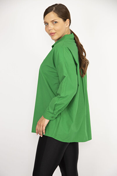 Şans Women's Large Size Green Front Buttoned Long Sleeve Shirt 65N37037