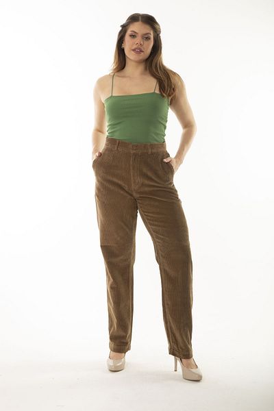 Şans Women's Large Size Camel Corduroy Trousers with Side Pockets 65N37059