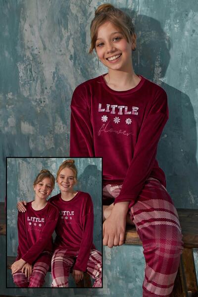 Pijamaevi Bordo Little Kadife Anne Kız Aile Pijaması - Çocuk Takımı