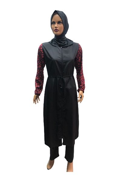 eflin Women's Clothing Hijab Black-red Floral Full Covered Hijab Swimsuit Including Bonnet Plus Size Options