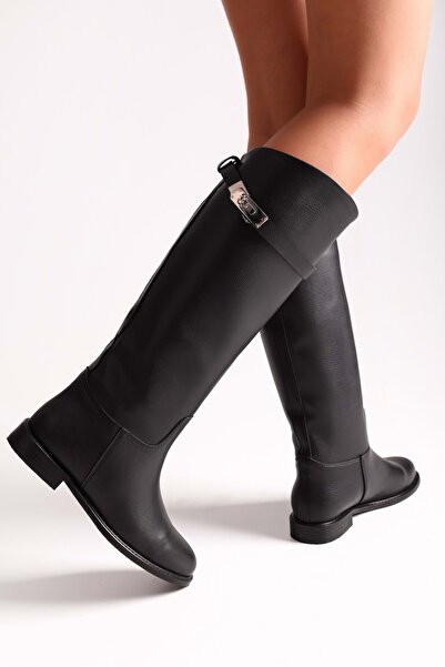 Shoeberry Női Larissa fekete bőr csatos lovaglócsizma fekete bőr