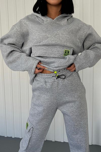 lovebox Thick Three Thread Fabric Long Sleeve Gray Tracksuit with Kangaroo Pocket and Side Cargo Pocket Detail 350