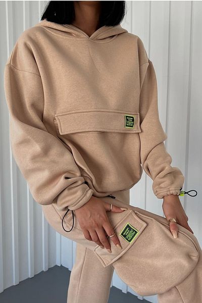 lovebox Thick Three Thread Fabric Long Sleeve Beige Tracksuit with Kangaroo Pocket and Side Cargo Pocket Detail 350
