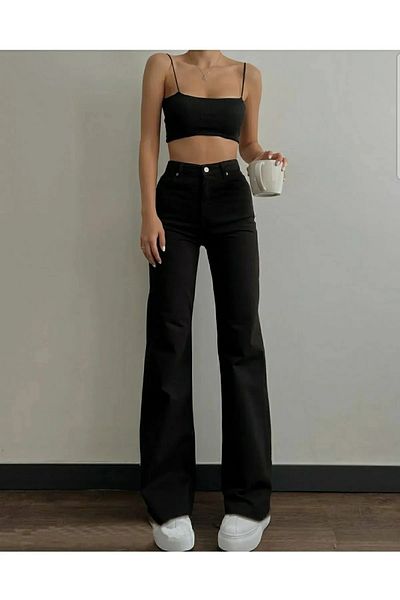Trn JNS Afrilix Loose Lycra 90's Unfading Black Vysoký pas Volné nohavice Džínové kalhoty Palazzo