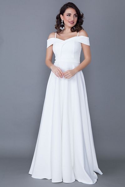 vuvutasarım Lycra Fabric Thin Strap V-Neck Wide Flared Cut Long Maxi Length White Evening Dress 342