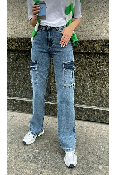 Trn JNS Pantaloni Iza Medium Blue Snow Wash Cargo, largi la spate, fără buzunare, din lycra, cu talie super înaltă