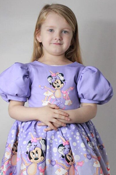 Riccotarz Girl's Balloon Sleeve Minnie Mouse Printed Hem Guipure Embroidered Lilac Dress