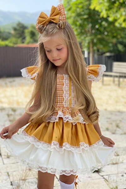 Riccotarz Girl's Plaid Pattern Mustard Dress with Guipure Embroidery on Shoulders and Sleeve Ends