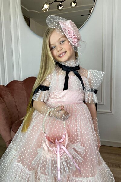 Riccotarz Girl's Polka Dot Powder Evening Dress with Transparent Neck and Bow Detail on Sleeves