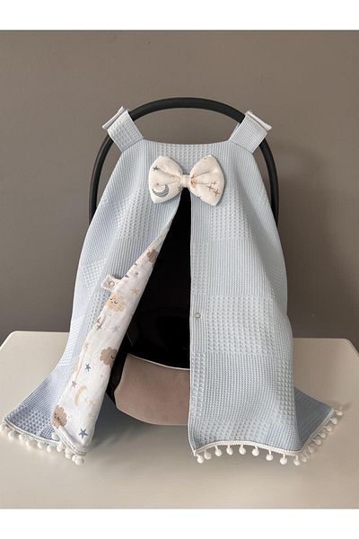 Jaju Baby Blue Waffle Pique and Muslin Design Pompom Stroller Cover