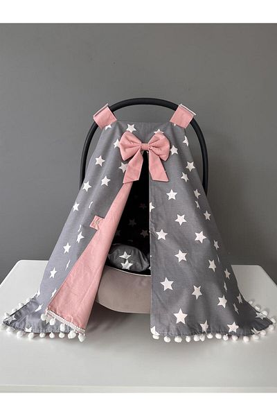 Jaju Baby Gray Star Pompom Design Stroller Cover and Stroller Cushion