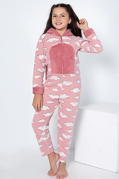 Pijamaevi Rosafarbener Fleece-Plüsch-Overall-Pyjama für Mädchen mit Wolkenmuster