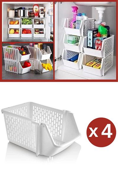 Flosoft 4-Tier Detachable Kitchen Bathroom Shelf Organizer, Refrigerator Organizer, Collector Basket 4 Pieces