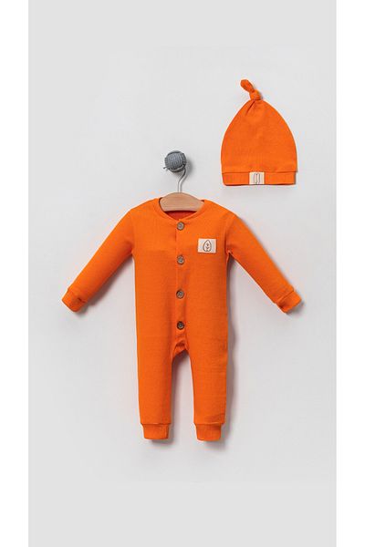 Bubito Unisex Stylish Baby Jumpsuit with Wooden Button and Hat - orange