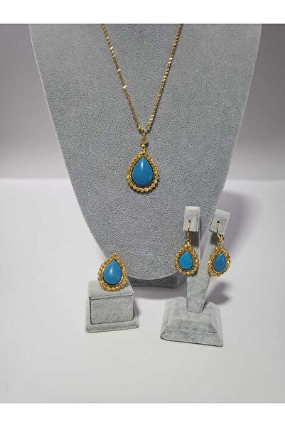 odabaş shop altın kaplama mavi taşlı kolye yüzük küpe seti