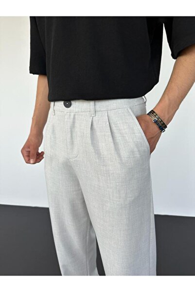 MENOFOURSWEAR Gri Pileli Baggy Kumaş Pantolon