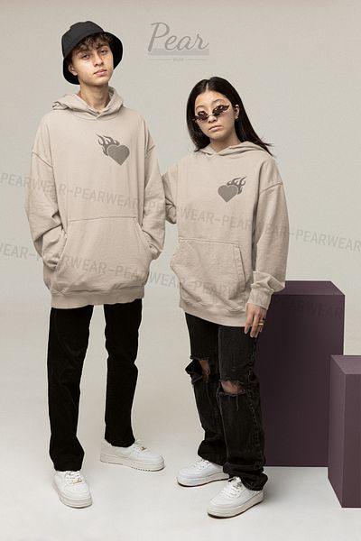 Pear Wear Fire Heart Printed Unisex 3 Thread Raised Lover Set Oversize φούτερ με κουκούλα