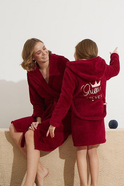 Siyah İnci burgundy Wellsoft Hooded Embroidered Dressing Gown