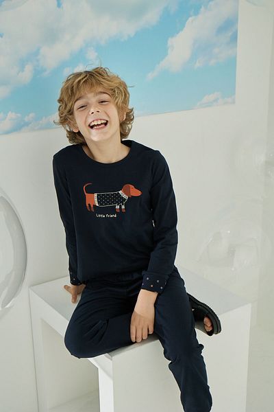 Sevim Boy, Navy Blue, Dog Themed, Rubber Leg, Pajama Set