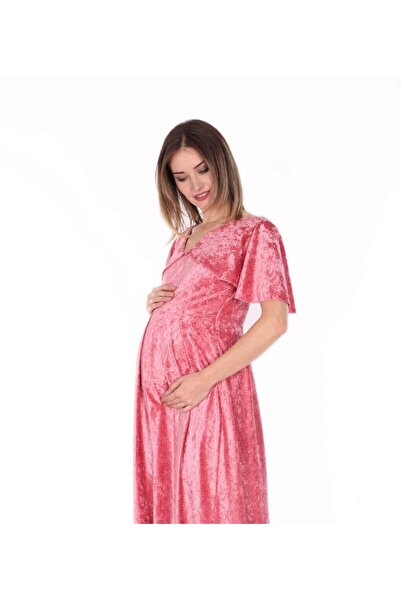 MODA LABİO Kadife Kısa Hamile Melek Elbisesi Pudra