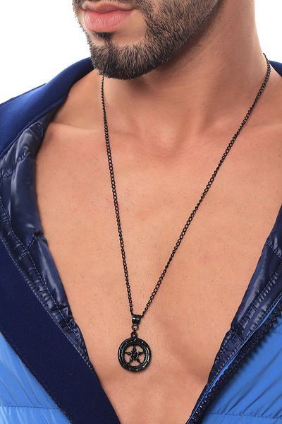 LABALABA Men's Black Oxide Plated Dharma Wheel Icon Necklace
