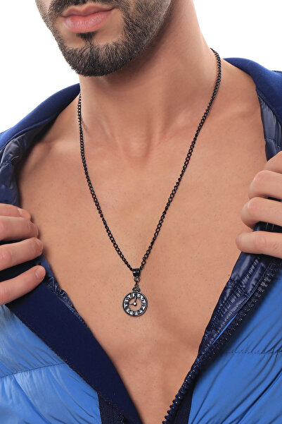 LABALABA Erkek Siyah Oksit Kaplama Saat Simge Uçlu Kolye