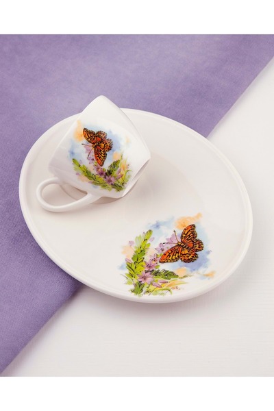 Bursa Porselen Dekor Lila kelebek Jumbo sunumluklu kahve fincanı