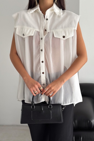 FEMELLE Women's White Standard Size Sleeveless Chiffon Detailed Design Shirt