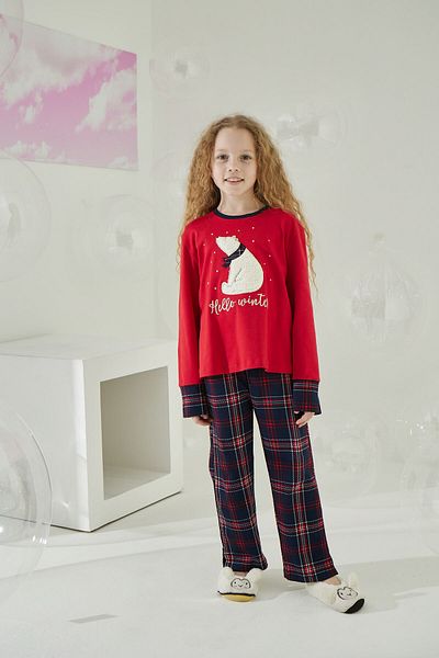 Sevim Girl, Red, Winter Themed, New Year, Plaid, Cotton, Pajama Set