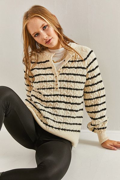 Bianco Lucci Gestreifter Strickpullover mit geflochtenem Kragen und Knöpfen für Damen
