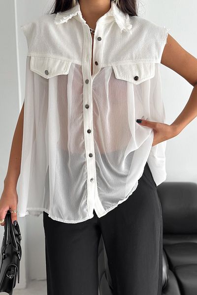 FEMELLE Women's White Standard Size Sleeveless Chiffon Detailed Design Shirt