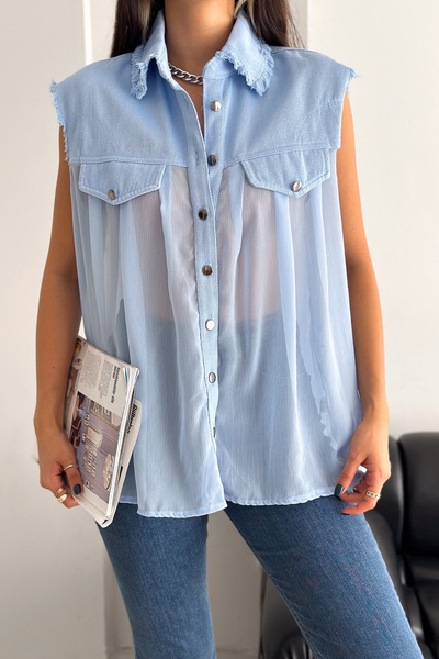 FEMELLE Cămașă de damă din șifon fără mâneci, albastru, mărime standard, cu d...