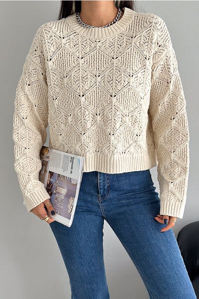FEMELLE Pulover din tricot moale, tricotat cu găuri, mărime standard, bej