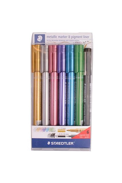 Staedtler Marker Metallic 6 Pieces/Pigment Liner Black 8323-SWP6P