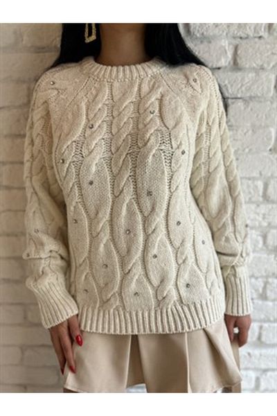 Laluvia Ecru-Haarstrickpullover aus Steinstrick