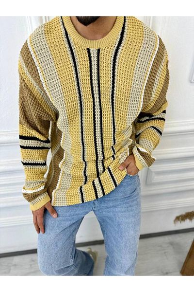 elkumoda Χαλαρό oversized πλεκτό πουλόβερ σε φυσικό βαμβάκι με χρωματιστό σχέδιο.