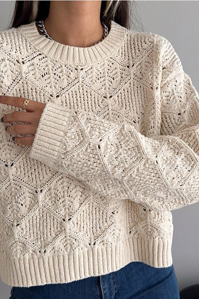 FEMELLE Pulover din tricot moale, tricotat cu găuri, mărime standard, bej