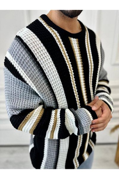 elkumoda Χαλαρό oversized πλεκτό πουλόβερ σε φυσικό βαμβάκι με χρωματιστό σχέδιο.