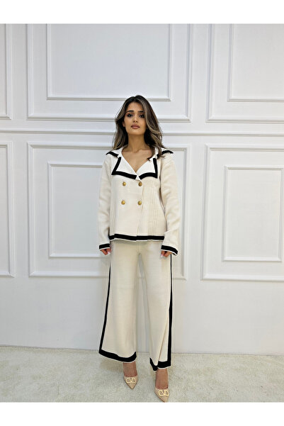 ossons Arany gombos részletes ekrü duplasoros kardigán nadrág alsó felső 2 részes készlet