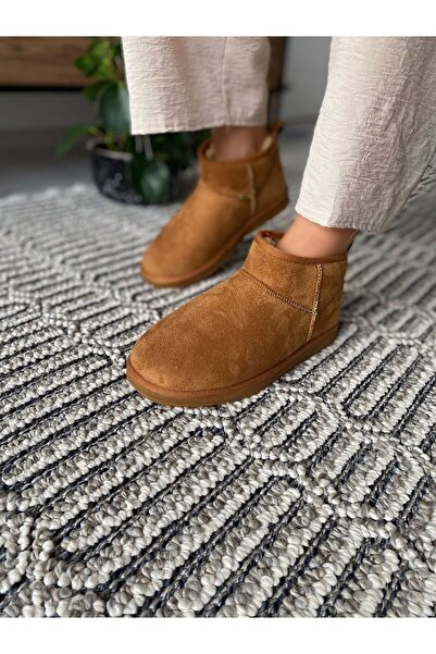 TRODONS Ultra Mini Süet Yarım Bot Düz Taban İçi Kürklü Kadın Bot Ayakkabı