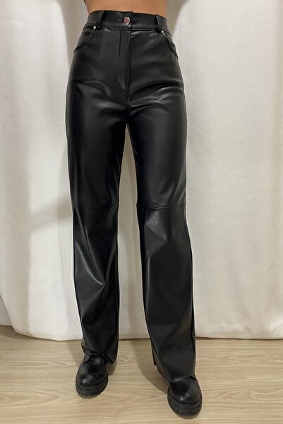 Misc Palazzo-Hose aus schwarzem Leder – U-Boot, elastische Taille hinten