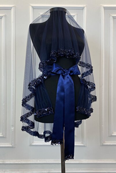 ZEYMERADE Lacivert Gelin Duvak Seti, Pullu Boncuklu İncili Su Taşlı Yaprak De...