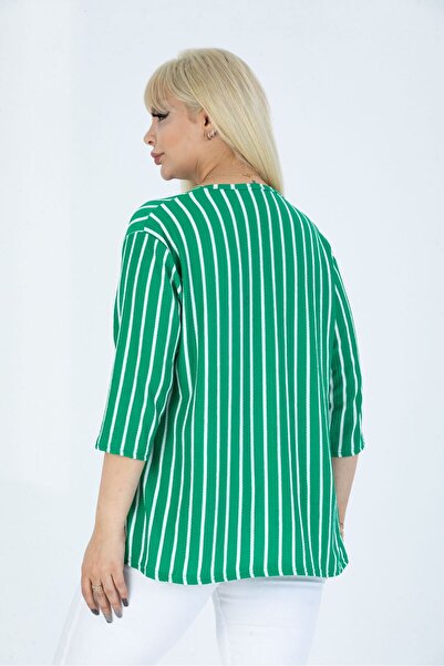 HÜLYA BUTİK GREEN STRIPED COLLAR ZIPPER BLOUSE