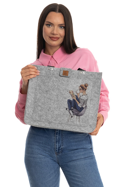 dilekolay Büyük Boy Omuz Çantası - Baskılı Keçe Çanta - Kitabım Kahvem Ve Ben...