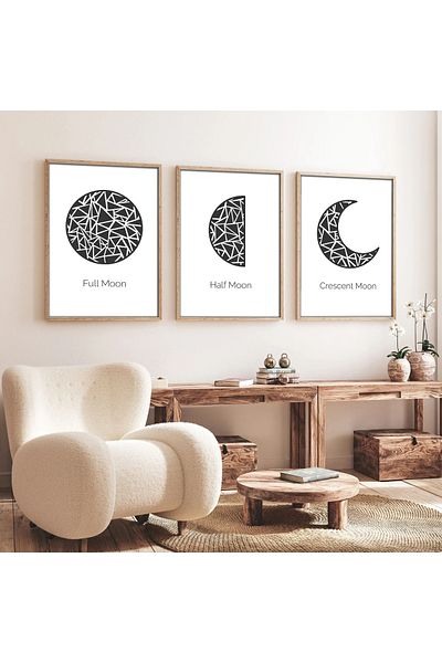 huhuli Pictură din 3 piese Moon Loops cu cadru din lemn huhu225